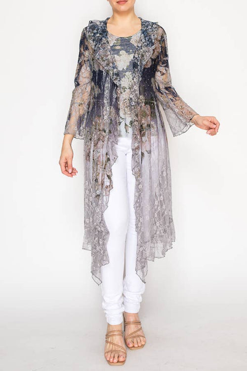 Lightweight Floral Lace Ruffle Duster With Sparkles - 4849GY DD NAVY F