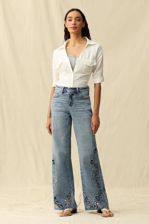 Blue Mid Rise Embroidered Lace Wide Leg Jeans BYW8305