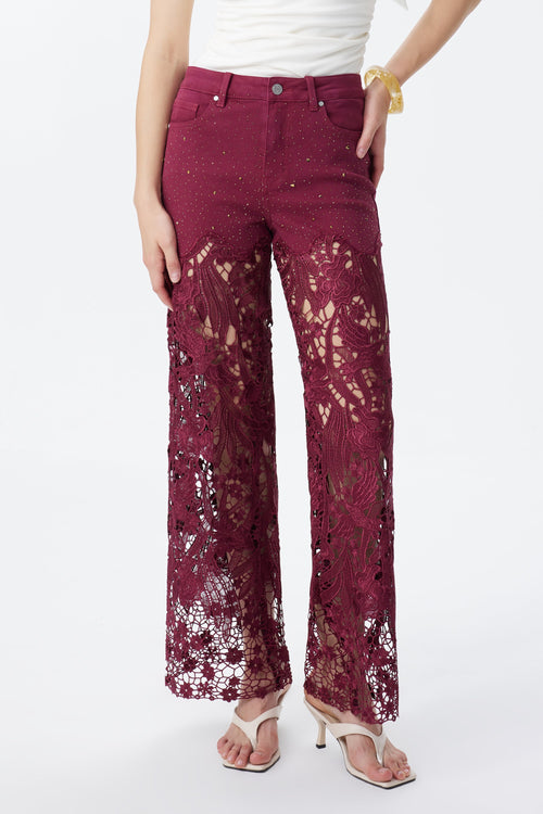 Wine Wide Leg High Rise Jeans with Lace 8090