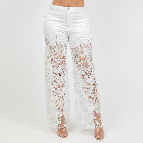White Wide Leg High Rise Jeans with Lace 8090