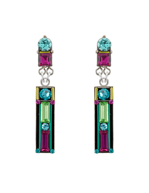 E425P-MC Architectural Two Tier Rectangle Earrings w/Post-Multicolor