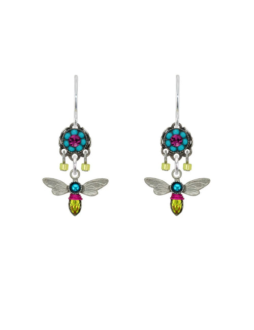 E434-MC Dragonfly w/Flower Earrings-Multicolor