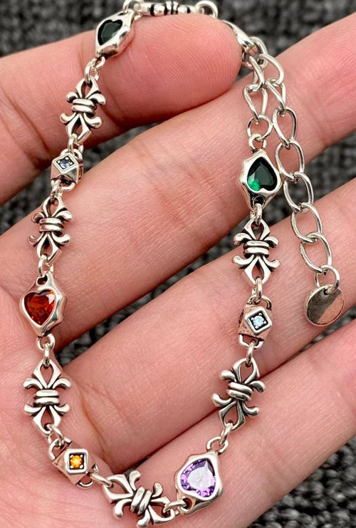 Inlaid Heart Rhinestone Linked Chain Silver-plated Bracelet