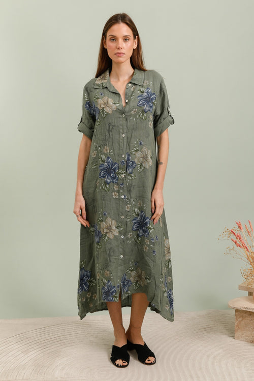 100% Floral Linen Dress 6560