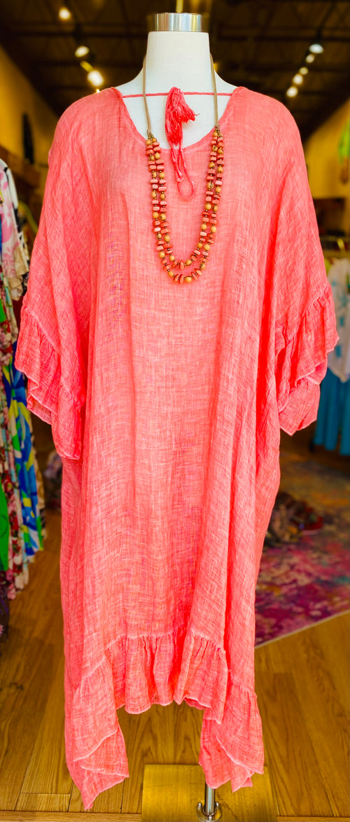 Linen Ruffle Caftan Cover Up