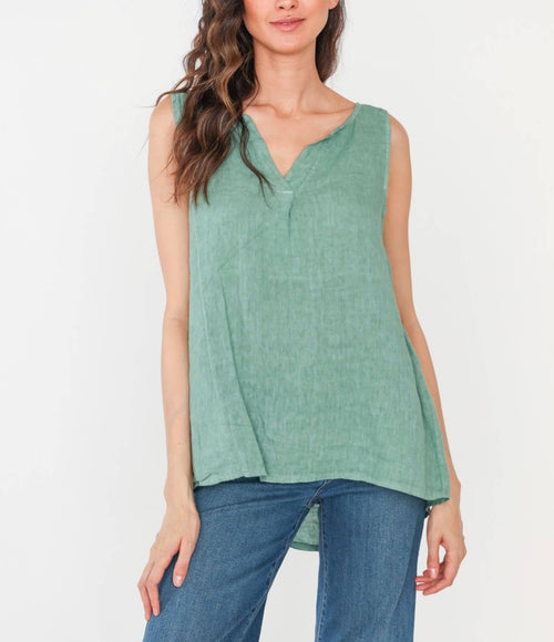 100% Linen Tank with Notched V-Neck Detail 38009