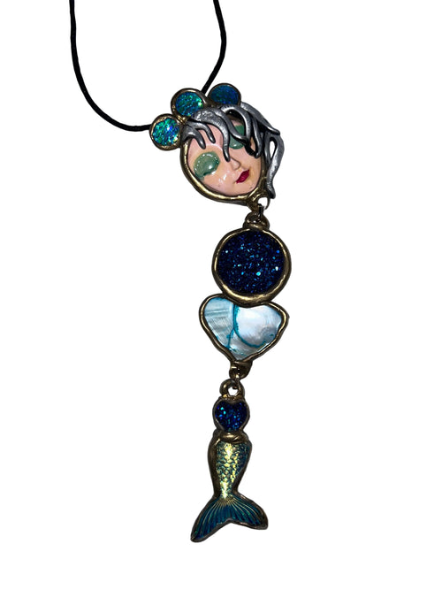 Blue and Turquoise Mermaid Face Necklace