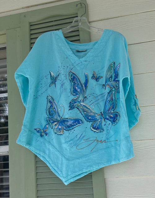 Aqua Butterflies Hand Painted Top