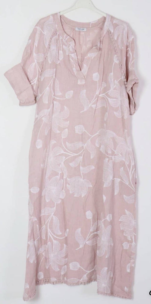 7161A Long Floral V-Notch Neckline Linen Dress Sale