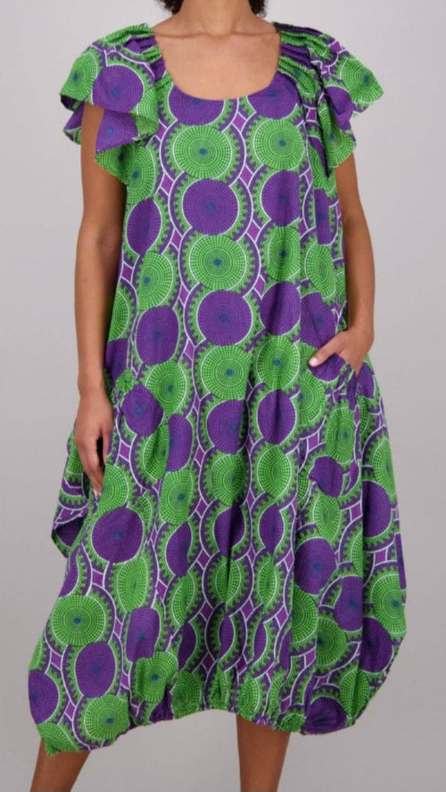 Green & Purple Abstract Wax Dye Print Dress