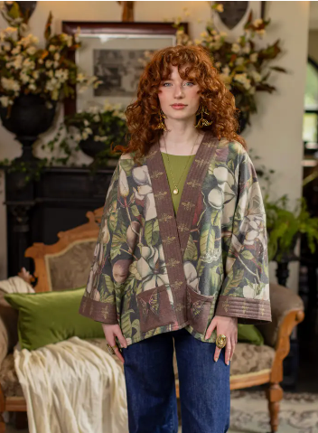 Fleur De Lune Fleece Cottage Cardigan Jacket w/ Floral Print