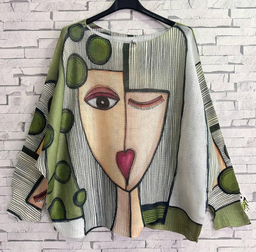 Olive "Picasso"  Round Knit Printed Sweater