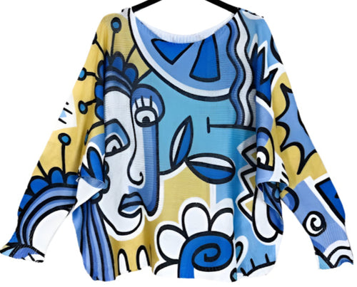 Z2003 Blue " Picasso" Knit Print Long Sleeve Top