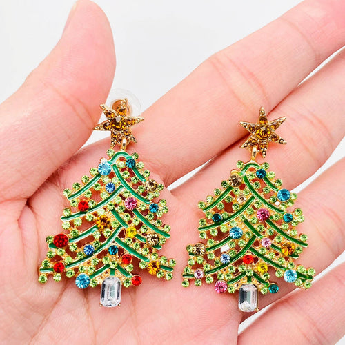 Green Christmas Tree Colorful Rhinestone Stars Post Earrings