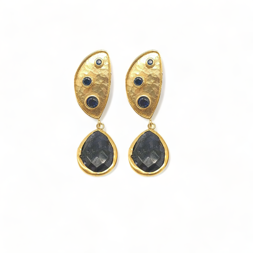 Gold-Plated Handmade Earrings with Sapphire Corundum and CZ