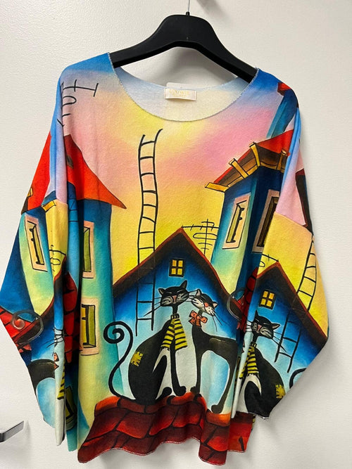 VIW4 Italian Cosy Cats Printed Sweater One Size