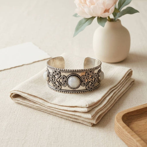 Handcrafted Kashi Antique SilverCuff with three Moonstones - 4215