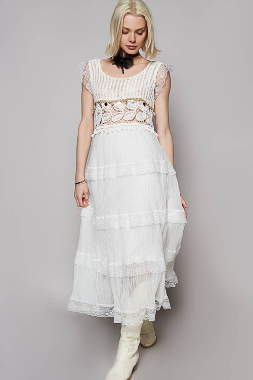 Round Neck Sleeveless Shell Trim Crochet Dress SMC152