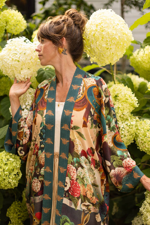 Stay Gold Floral Bamboo Kimono Duster Robe w/ Rabbit & Bees