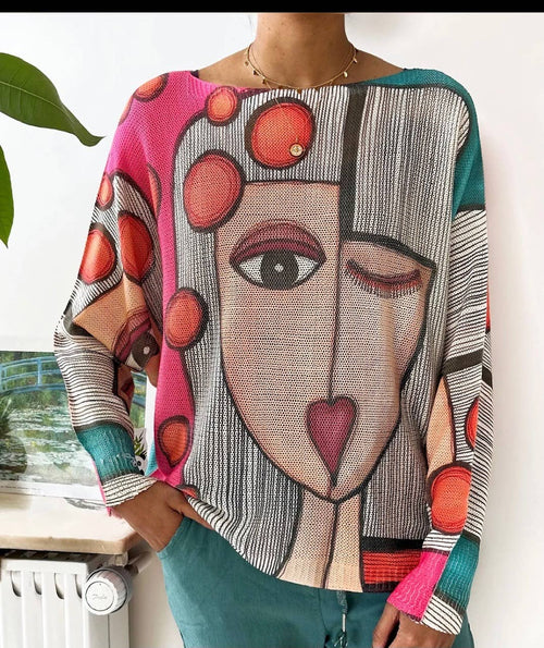 129 One Size Pink Picasso Style Printed Sweater With Stretch