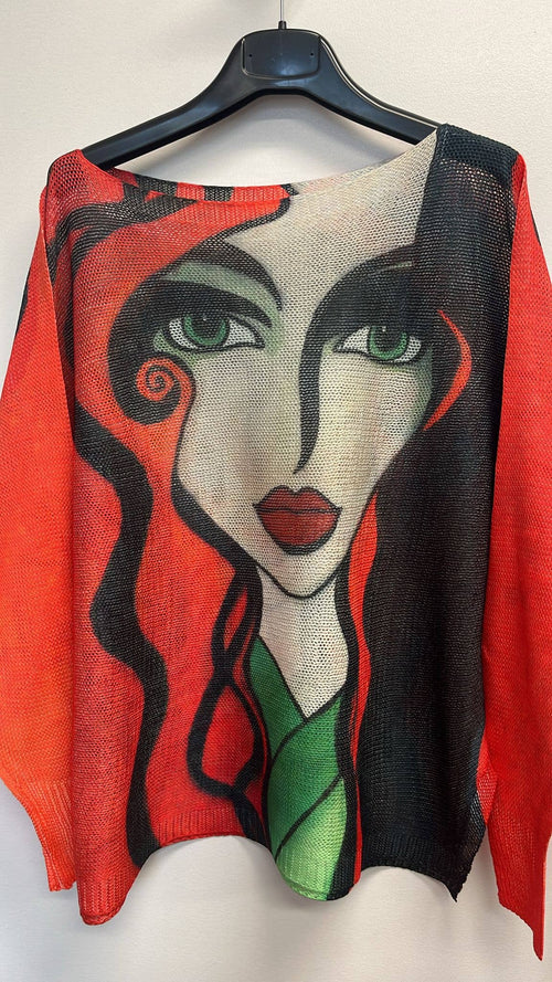 VIPICR Red "PICASSO"  Round Neck Knit Printed Sweater