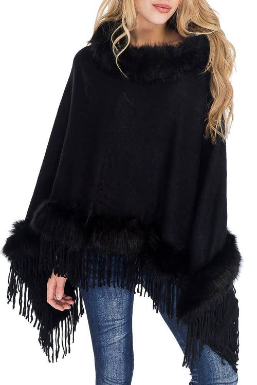 Cable Printed Faux Fur Collar And Trimming Poncho
