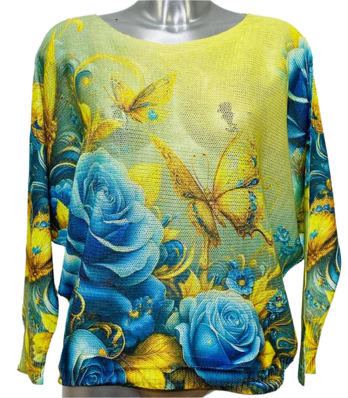 Yellow Blue Butterfly Round Knit Print