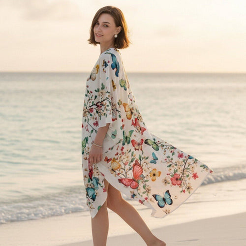 JC091768 White-Multi Multicolor Butterfly Kimono Cover-Up