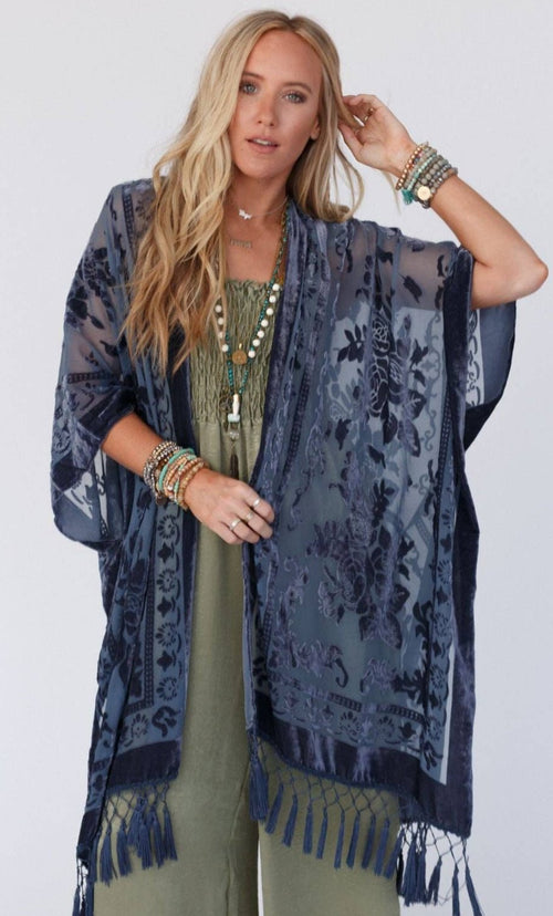 Three Bird Nest 4033 Crush Velvet Kimono - Navy Blue