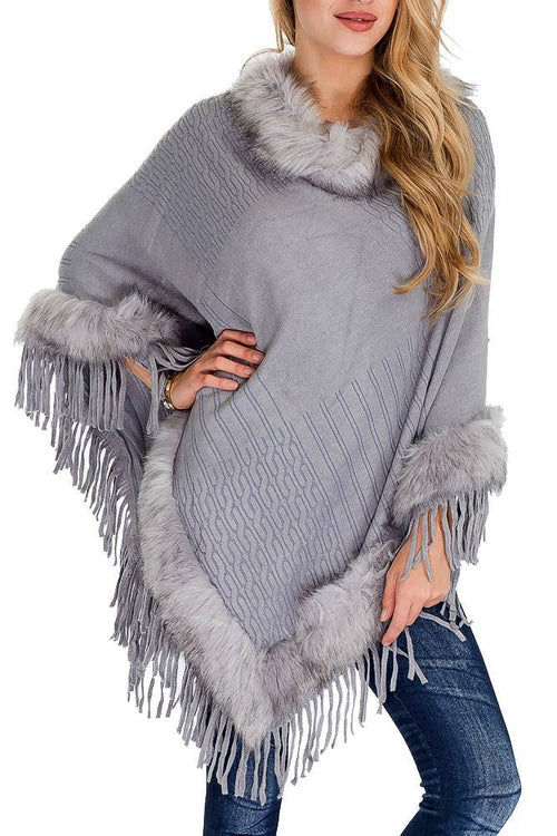 Cable Printed Faux Fur Collar And Trimming Poncho