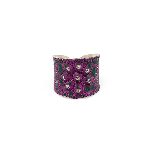 Silver Patina Ring - Purple Floral and Dots 327 Purple