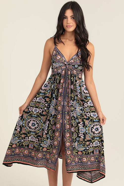 C4G52-A928 Midi Spaghetti  Strap Dress With Twist Front