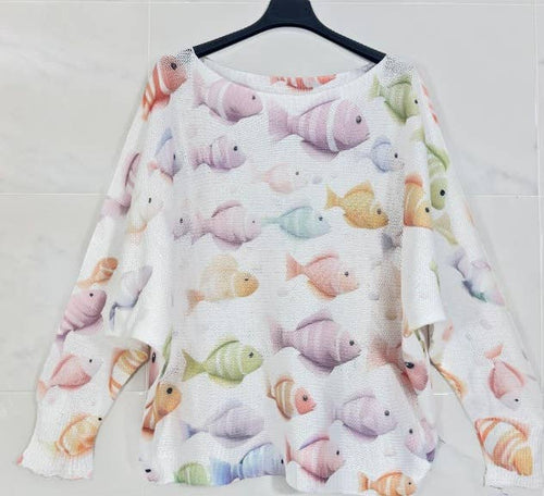 Fish  V-Neck Knit Printed Long Sleeve