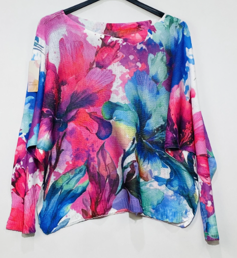 501 Fuchsia Floral Round Knit Printed Sweater