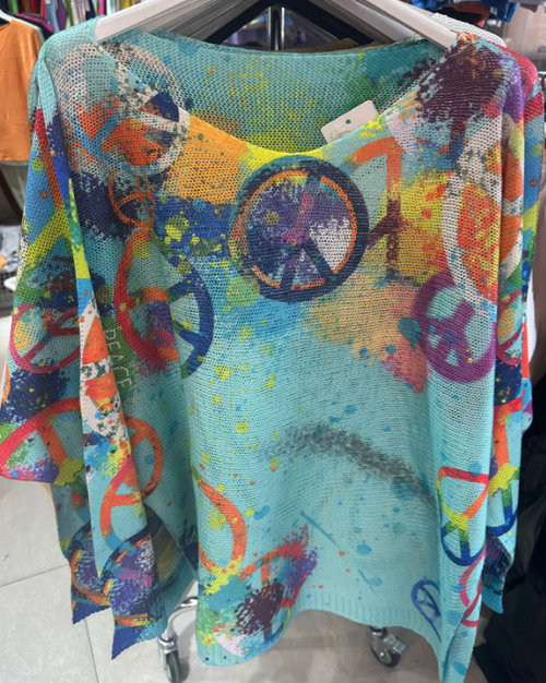 19TU Turquoise Peace & Love Knit Printed Sweater Loowie