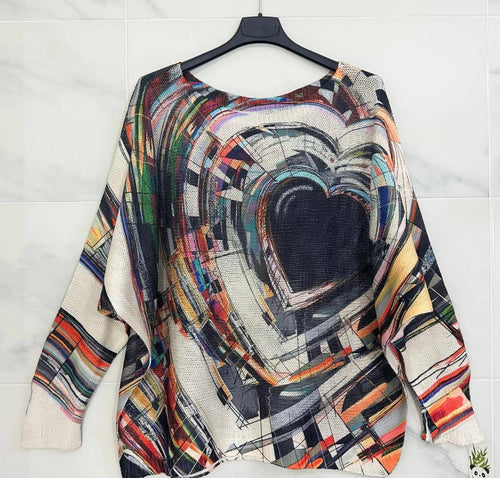 288 Black Heart  Round Knit Printed Sweater Loowie