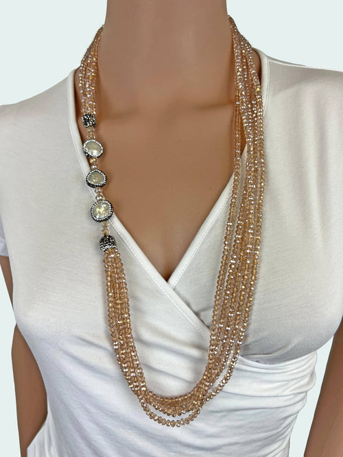 Multi Strand Champagne Crystal Pearl Druzy Necklace 19F75-07