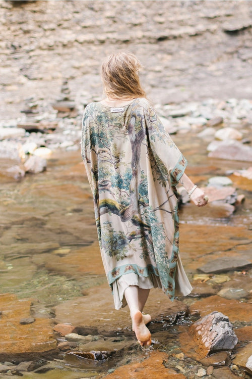 Earth and Sky Bohemian Bamboo Kimono with Tree Print. Goddess Starduster