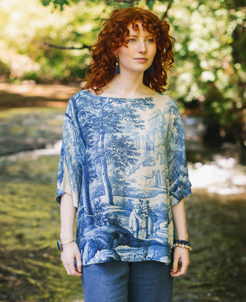 Let The Light In Luxe Tee Tunic Shirt w/ Blue Delft Toile