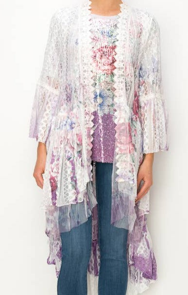 Origami Lace Cardigan 4508 Ivory Lavender Flower