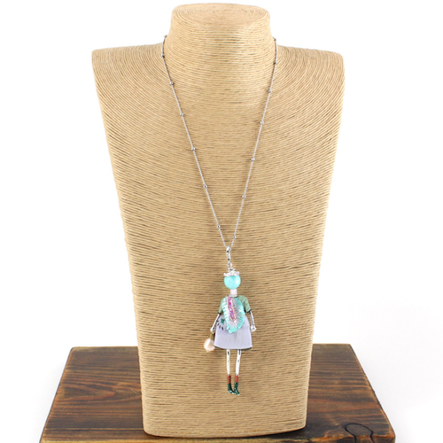 Lady Stone Adorned French Doll Stainless Steel Necklace 23188D