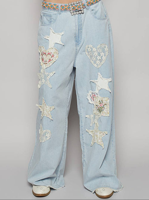 Embroidery Solid Floral Wide Denim Pants UWP40