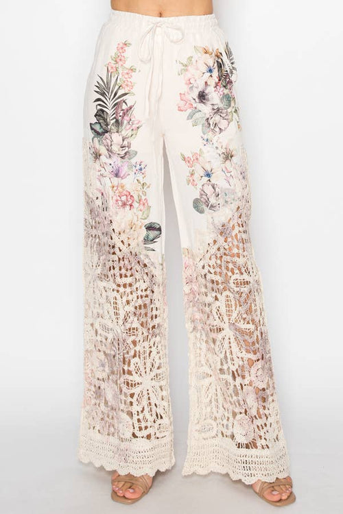 Crochet-Detail Lined Drawstring Pants-4899BG WC FL