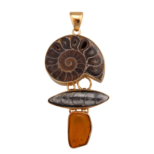 Alchemia Ammonite, Orthoceras & Amber Pendant on Alchemia Twist Necklace