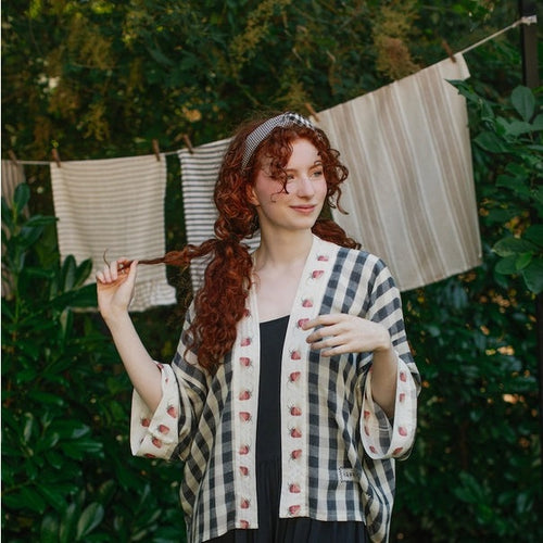 Happy Days Gingham and Stawberries Cropped Bamboo Kimono