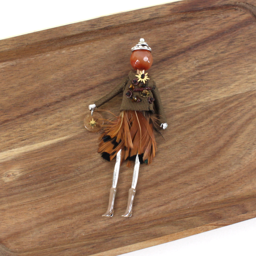 B25281A Stone Adorned French Doll Stainless Steel Brooch