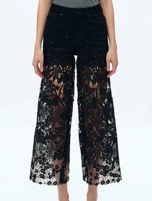Wide Leg High Rise Jeans with Lace 8090 Black