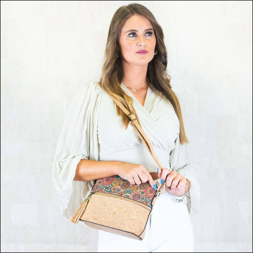 Tassel Zip Pocket Women's Natural Cork Crossbody Bag - 2218
