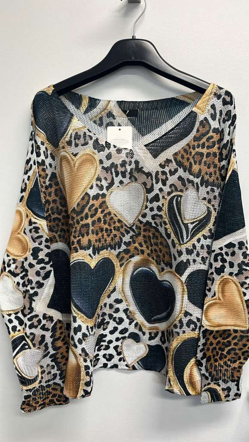 PONHEA One Size Black Heart Printed Knitted Sweater