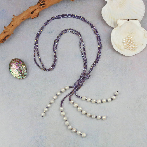 Purple Crystal & Pearl Lariat Necklace